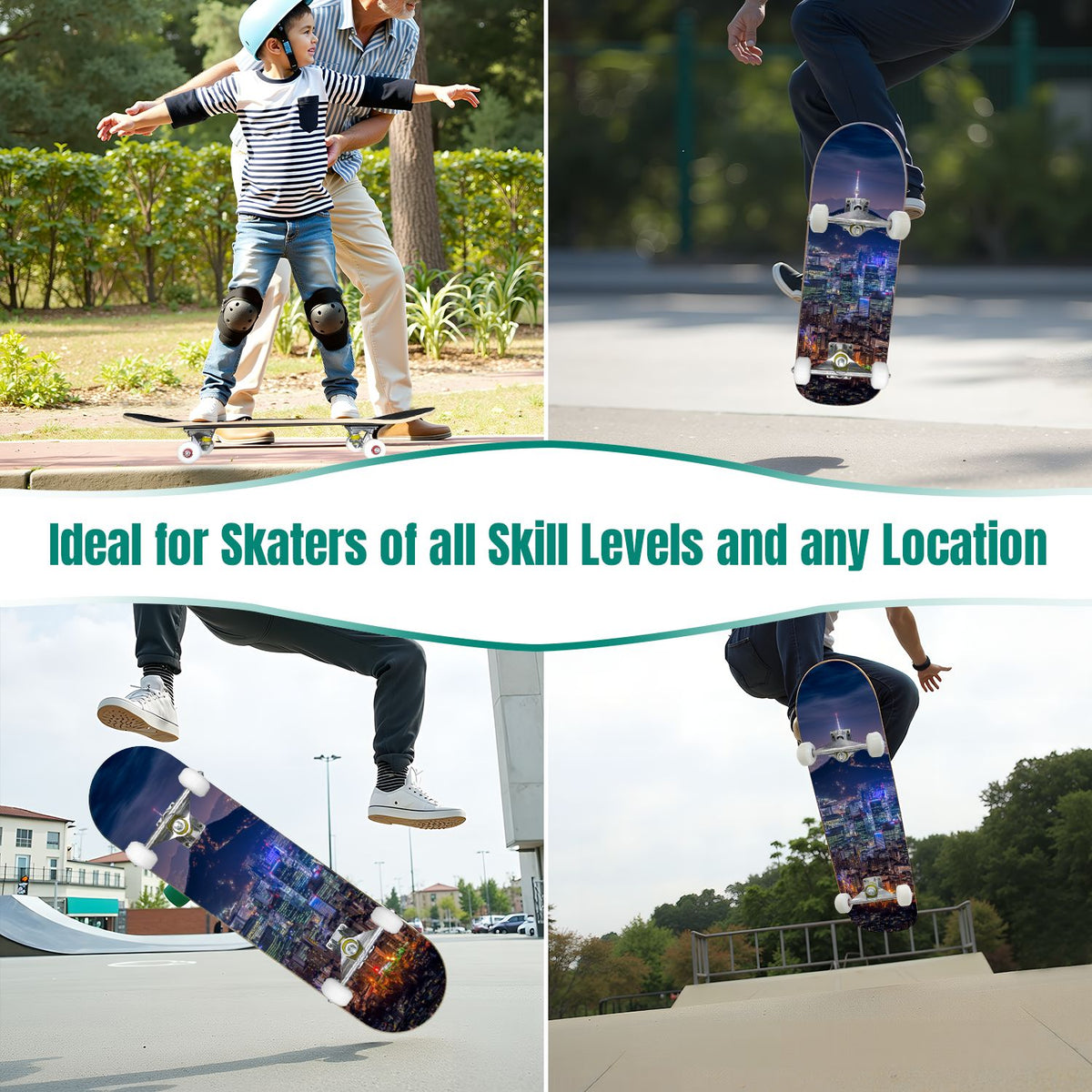 31"x8" Complete Skateboards for Beginners, Red White Vertical Striped Retro Circus Double Kick 7 Ply Canadian Maple Deck Skateboard with Wheels, Gifts for Kids Teens