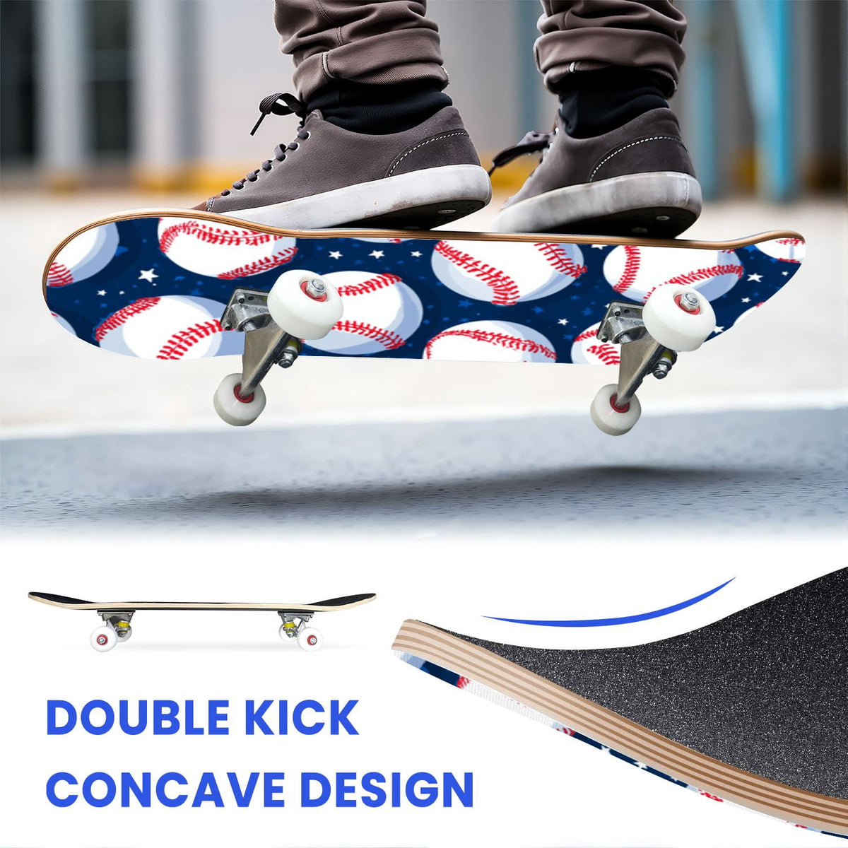 31"x8" Complete Skateboards for Beginners,Vintage Baseball Worn Red Stitches Rustic Double Kick 7 Ply Canadian Maple Deck Skateboard with Wheels, Sports Gifts for Kids Teens