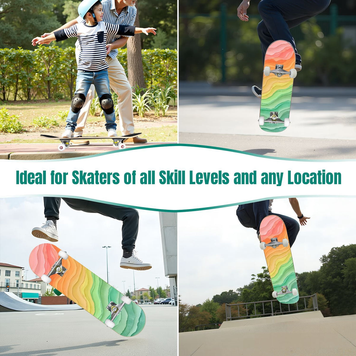 31"x8" Complete Skateboards for Beginners,Watercolor Watermelon Slices Pink Striped Double Kick 7 Ply Canadian Maple Deck Skateboard with Wheels, Gifts for Kids Teens