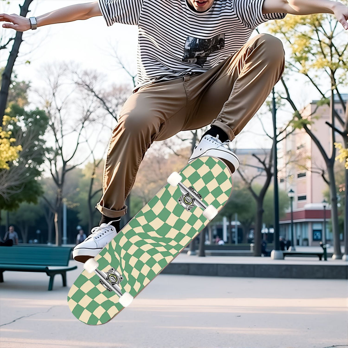 31"x8" Complete Skateboards for Beginners,Colorful Geometric Tile Multicolored Squares Double Kick 7 Ply Canadian Maple Deck Skateboard with Wheels, Gifts for Kids Teens