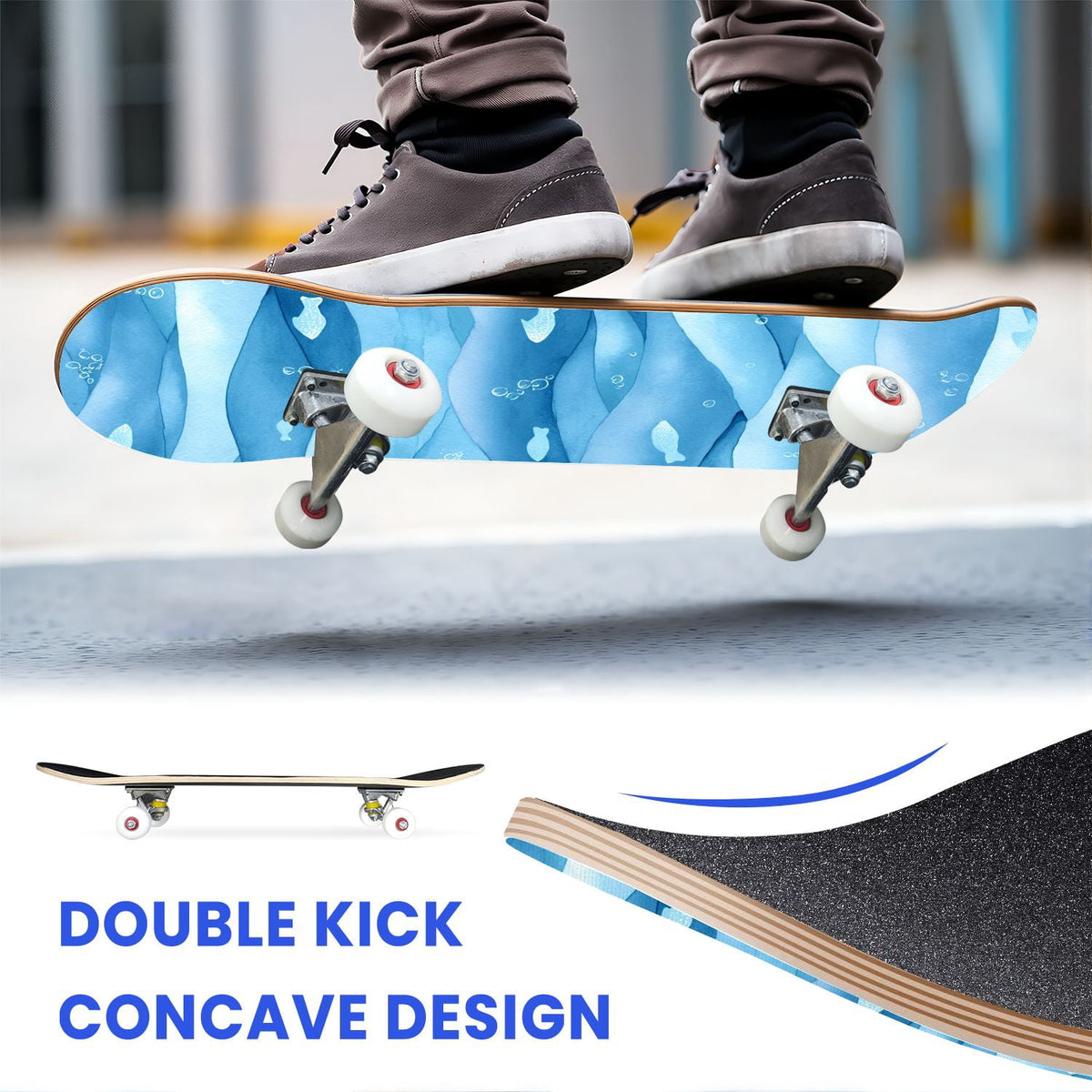 31"x8" Complete Skateboards for Beginners, Abstract Wavy Purple Beige Zebra Design Double Kick 7 Ply Canadian Maple Deck Skateboard with Wheels, Gifts for Kids Teens