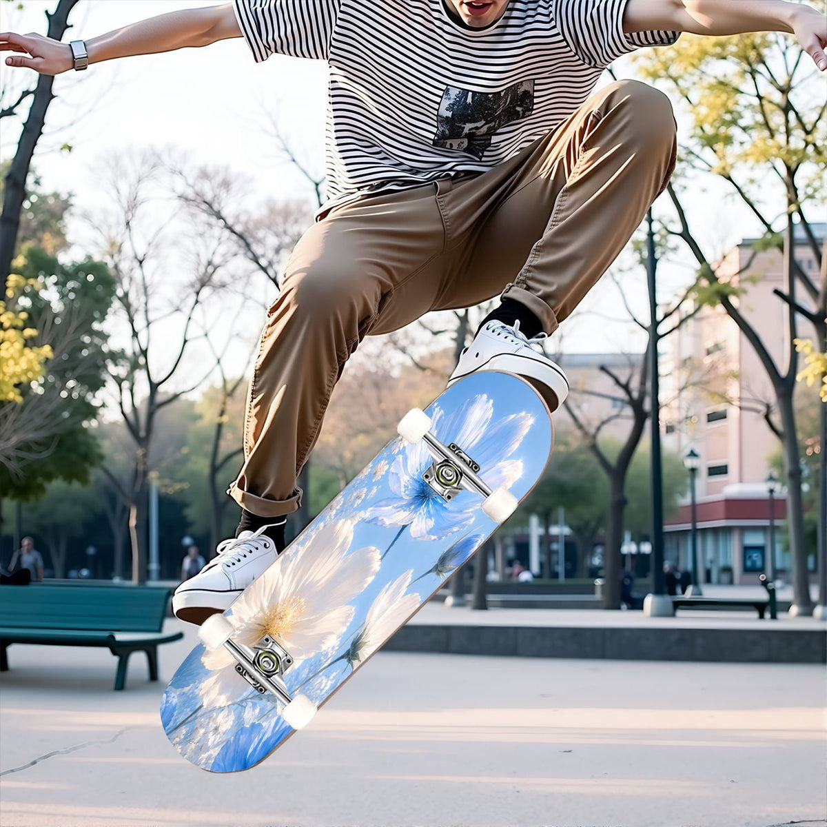 31"x8" Complete Skateboards for Beginners,Elegant White Blue Flowers Soft Petals Dreamy Artistic Double Kick 7 Ply Canadian Maple Deck Skateboard with Wheels, Gifts for Kids Teens