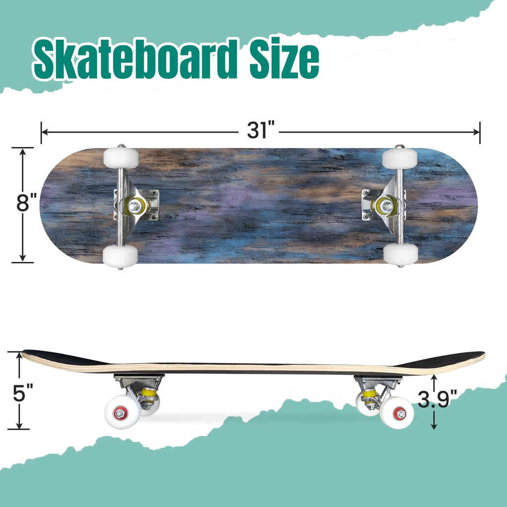 Botanical Embroidery Golden Green Leaves Black 31" x 8" Complete Skateboard, 7-Ply Canadian Maple Double Kick Trick Board for Kids and Beginners Adult Gifts