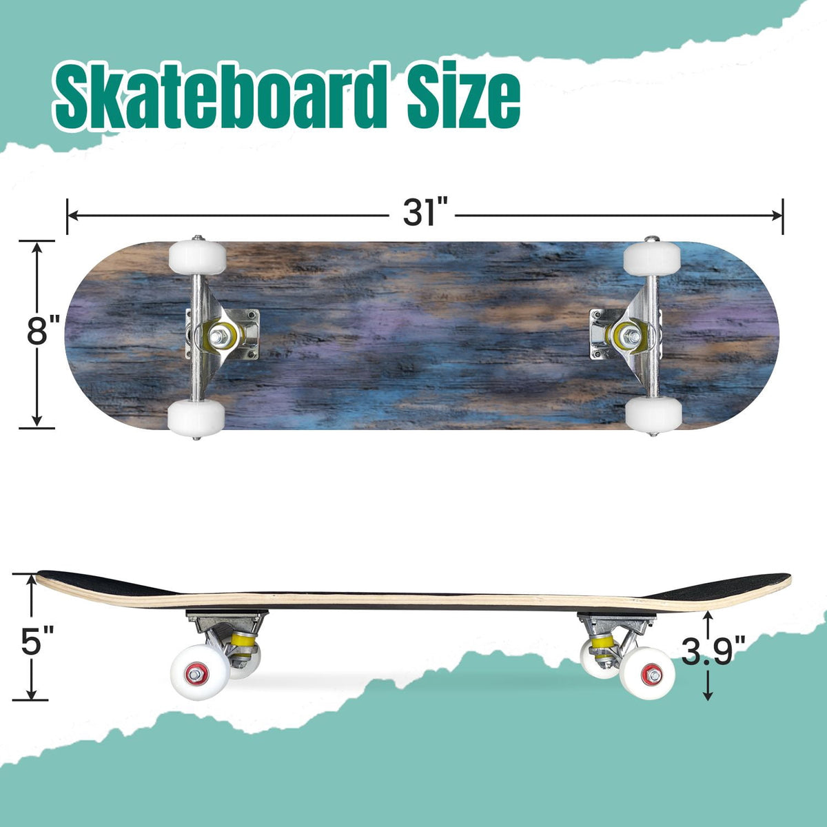 Botanical Embroidery Golden Green Leaves Black 31" x 8" Complete Skateboard, 7-Ply Canadian Maple Double Kick Trick Board for Kids and Beginners Adult Gifts