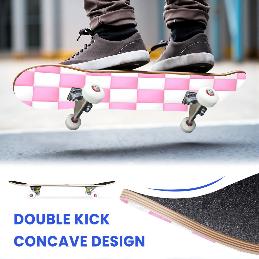 31"x8" Complete Skateboards for Beginners,Black Pink Checkered Retro Aesthetic Double Kick 7 Ply Canadian Maple Deck Skateboard with Wheels, Gifts for Kids Teens