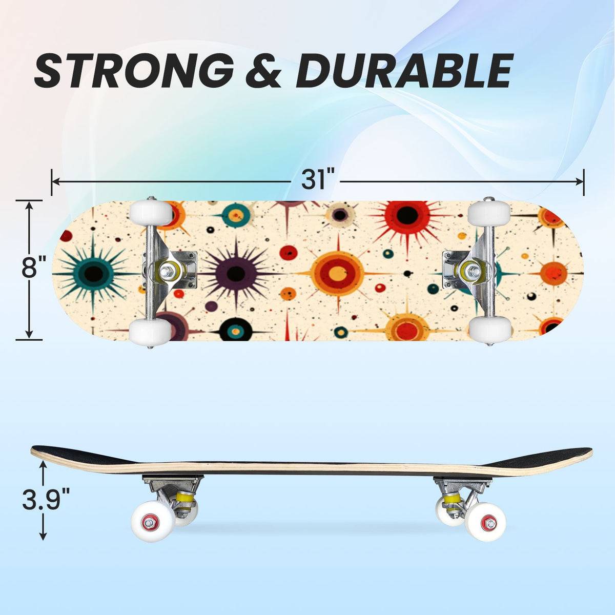 31"x8" Complete Skateboards for Beginners, Vibrant Stained Glass Window Butterflies Flowers Double Kick 7 Ply Canadian Maple Deck Skateboard with Wheels, Gifts for Kids Teens