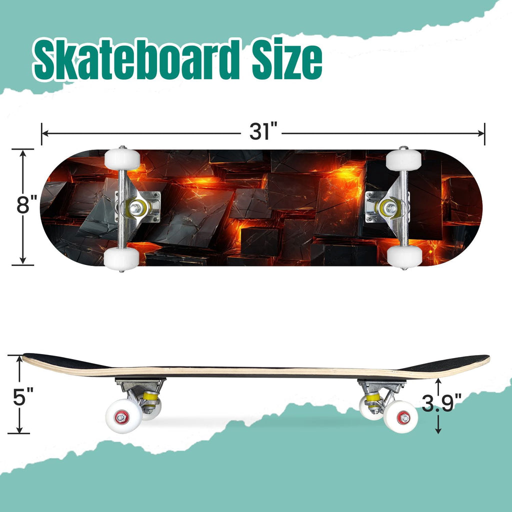 Glowing Futuristic Cubic Tunnel Metallic Tiles Bright Light 31" x 8" Complete Skateboard, 7-Ply Canadian Maple Double Kick Trick Board for Kids and Beginners Adult Gifts