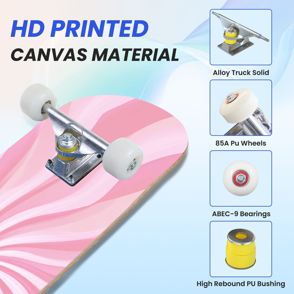 31"x8" Complete Skateboards for Beginners, Abstract Wavy Purple Beige Zebra Design Double Kick 7 Ply Canadian Maple Deck Skateboard with Wheels, Gifts for Kids Teens