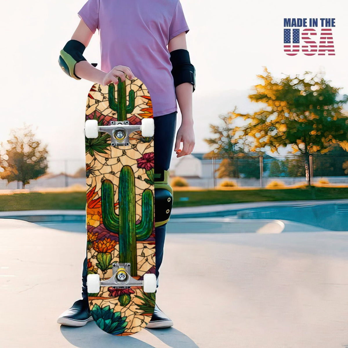 31"x8" Complete Skateboards for Beginners,Bold Stained Glass Western Double Kick 7 Ply Canadian Maple Deck Skateboard with Wheels, Gifts for Kids Teens