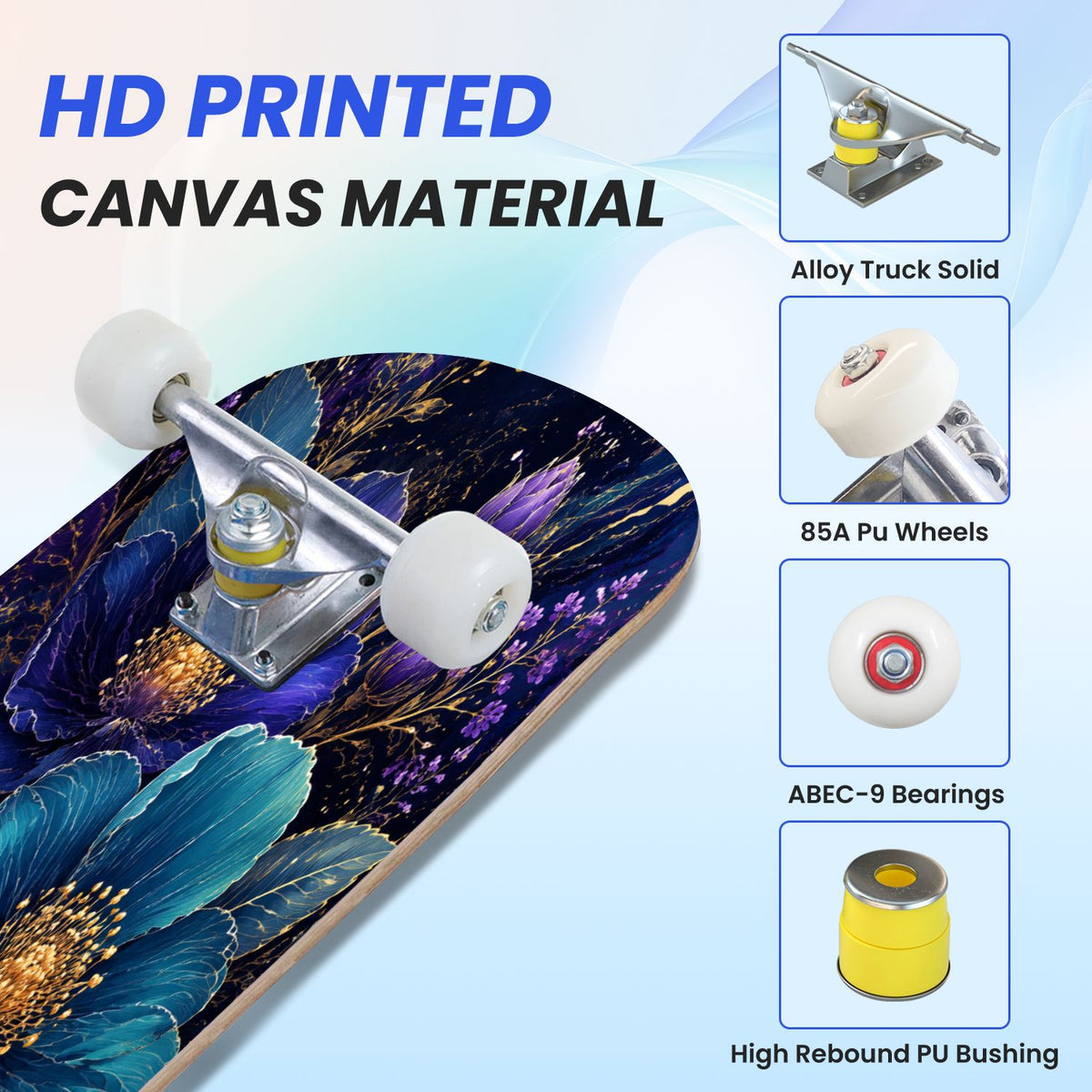 31"x8" Complete Skateboards for Beginners, Vibrant Purple Teal Floral Artwork Golden Accents Vintage Double Kick 7 Ply Canadian Maple Deck Skateboard with Wheels, Gifts for Kids Teens