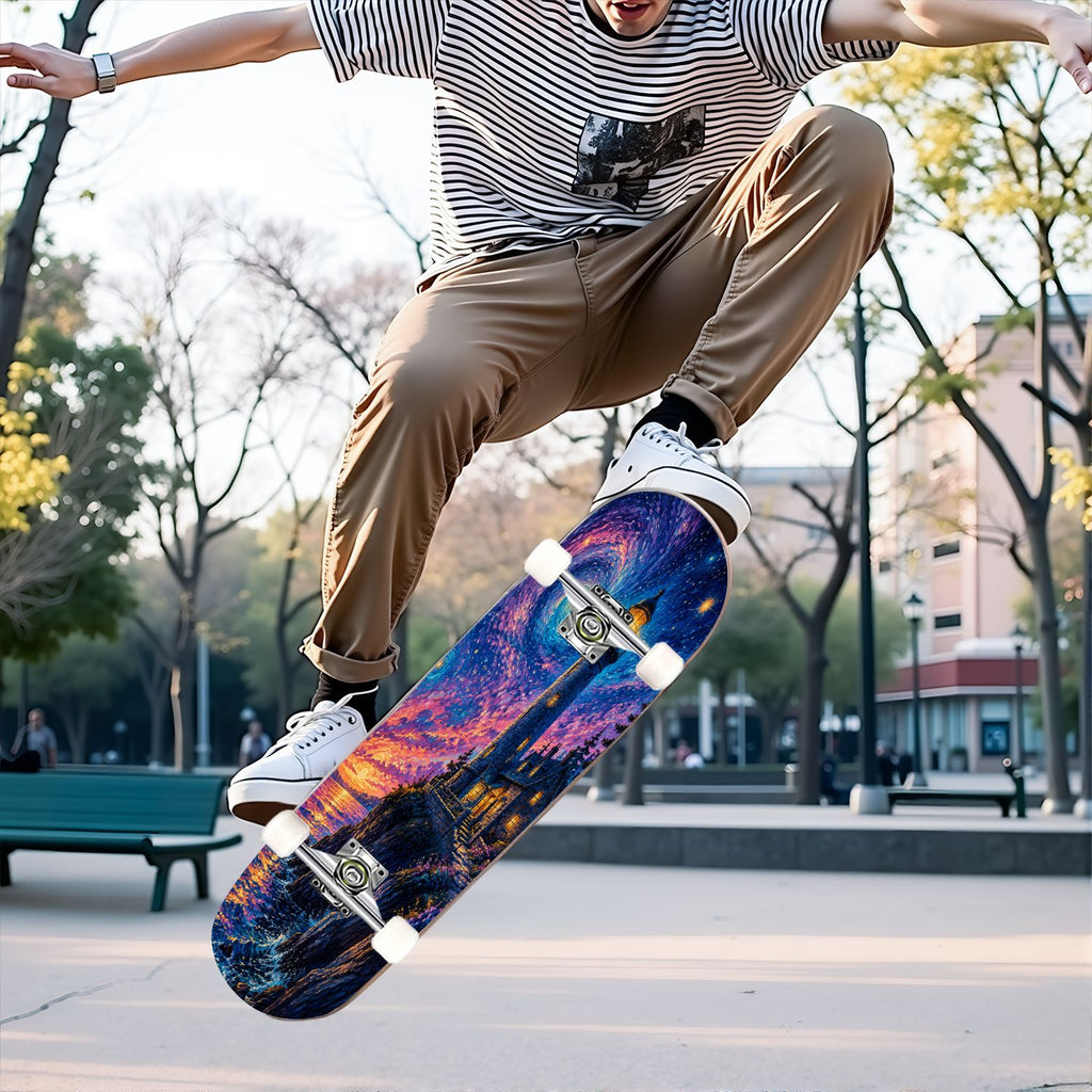 31"x8" Complete Skateboards for Beginners, Underwater Sharks Glowing Purple Jellyfish Marine Life Double Kick 7 Ply Canadian Maple Deck Skateboard with Wheels, Gifts for Kids Teens