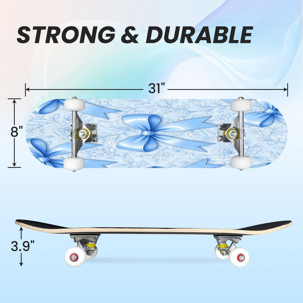 31"x8" Complete Skateboards for Beginners,Elegant White Blue Flowers Soft Petals Dreamy Artistic Double Kick 7 Ply Canadian Maple Deck Skateboard with Wheels, Gifts for Kids Teens