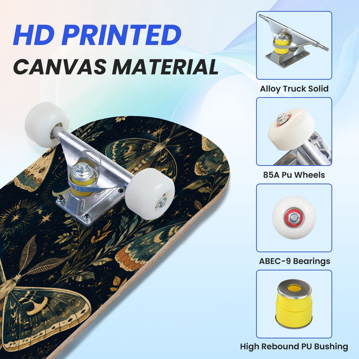 31"x8" Complete Skateboards for Beginners, Colorful Butterfly Blooming Flowers Under Full Moon Starry Double Kick 7 Ply Canadian Maple Deck Skateboard with Wheels, Gifts for Kids Teens