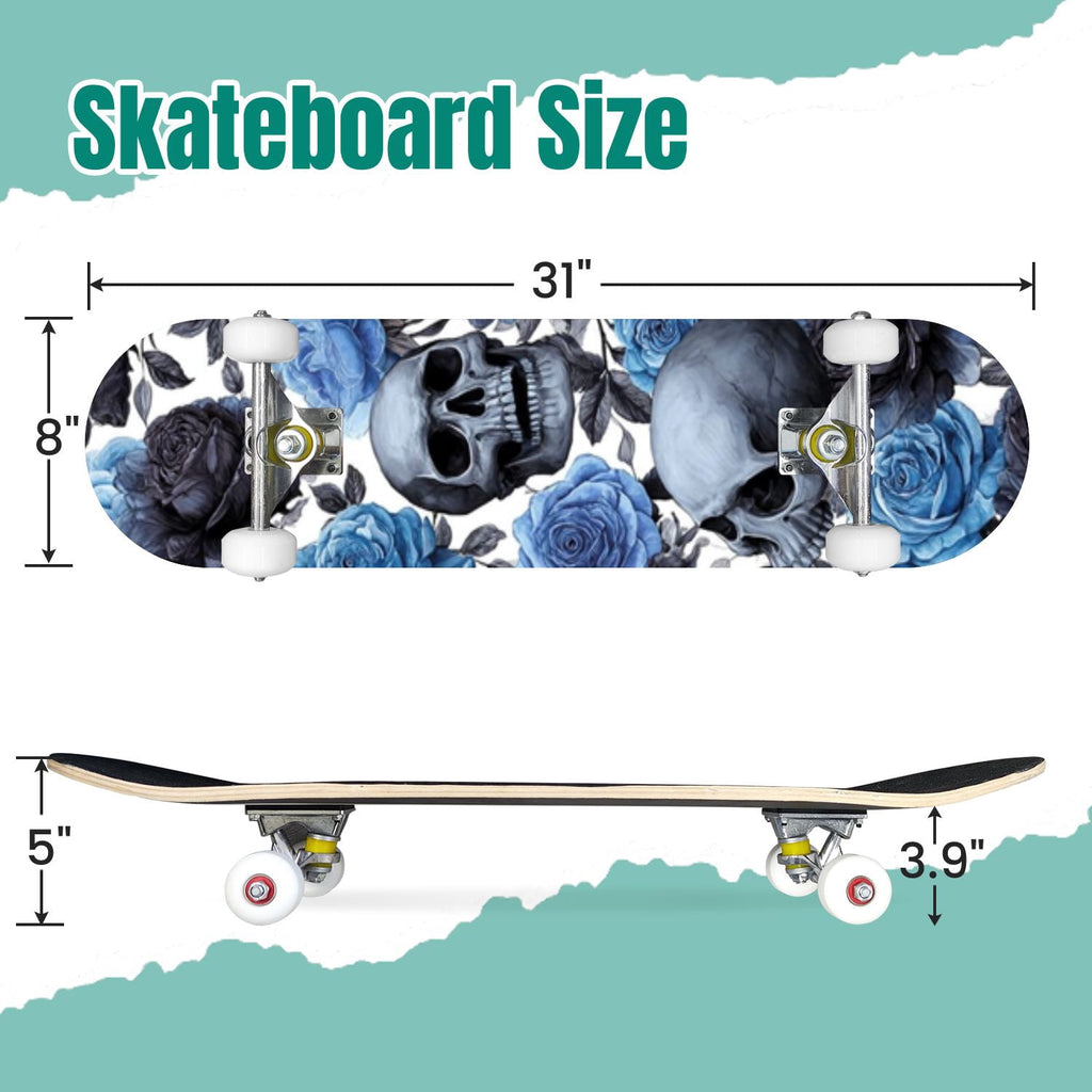 Gothic Purple Blue Floral Dark 31" x 8" Complete Skateboard, 7-Ply Canadian Maple Double Kick Trick Board for Kids and Beginners Adult Gifts