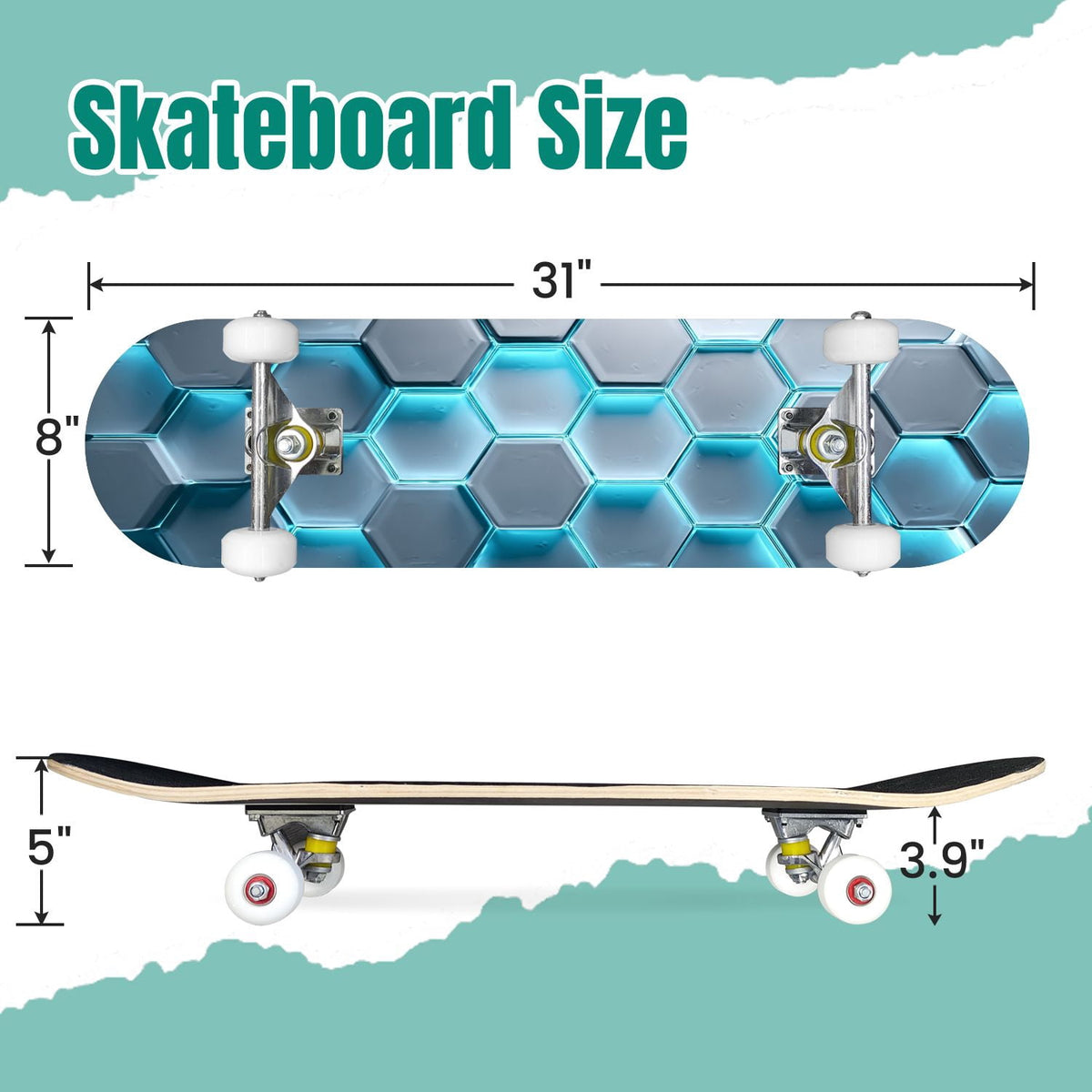 Futuristic Hexagonal Metallic Blue Glowing Orange Highlights 31" x 8" Complete Skateboard, 7-Ply Canadian Maple Double Kick Trick Board for Kids and Beginners Adult Gifts