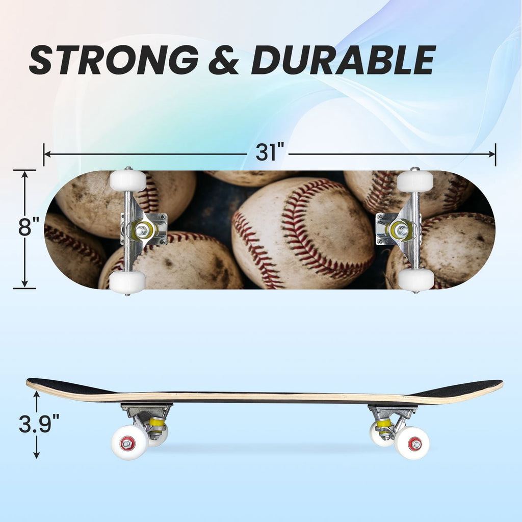 31"x8" Complete Skateboards for Beginners,Close up Baseball Red Stitches Leather Double Kick 7 Ply Canadian Maple Deck Skateboard with Wheels, Sports Gifts for Kids Teens