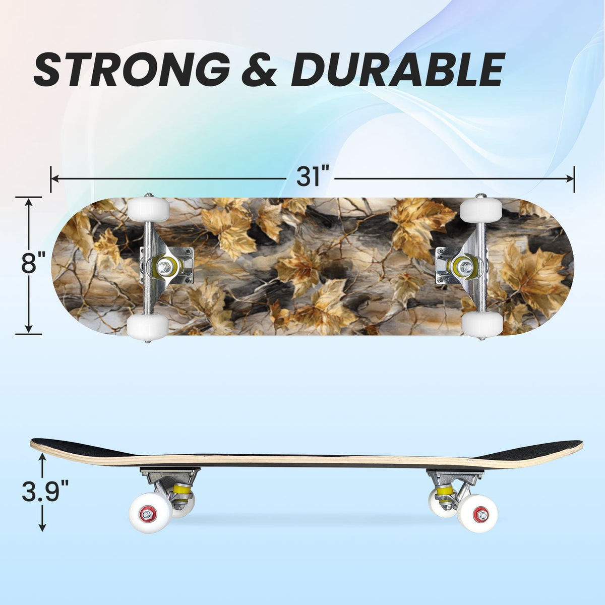 31"x8" Complete Skateboards for Beginners,Desert Camouflage Beige Tan Cream Organic Abstract Shapes Double Kick 7 Ply Canadian Maple Deck Skateboard with Wheels, Gifts for Kids Teens