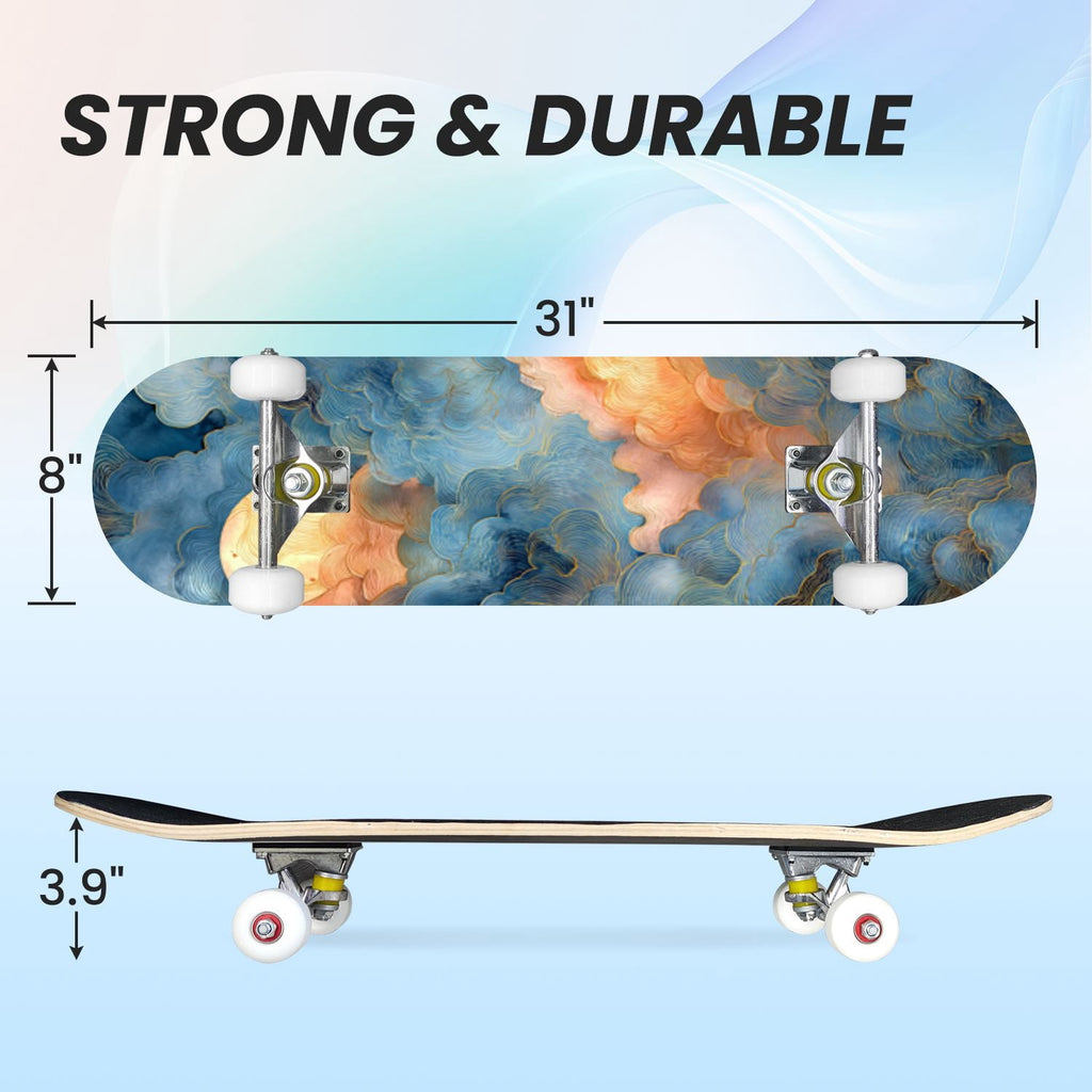 31"x8" Complete Skateboards for Beginners, Cute Light Blue Sky Cartoon Summer Decor Double Kick 7 Ply Canadian Maple Deck Skateboard with Wheels, Gifts for Kids Teens