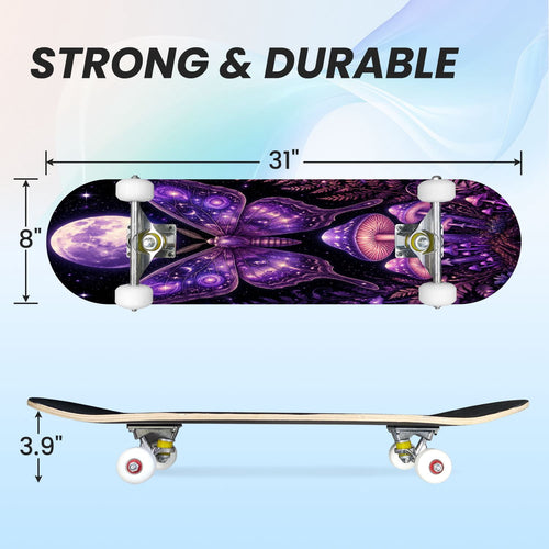 31"x8" Complete Skateboards for Beginners, Mystical Purple Butterfly Glowing Mushrooms Under Full Moon Double Kick 7 Ply Canadian Maple Deck Skateboard with Wheels, Gifts for Kids Teens