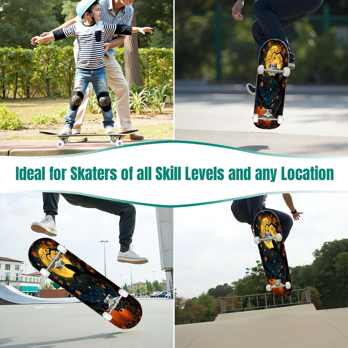 31"x8" Complete Skateboards for Beginners,Halloween Forest Bats Black Cat Glowing Double Kick 7 Ply Canadian Maple Deck Skateboard with Wheels, Gifts for Kids Teens