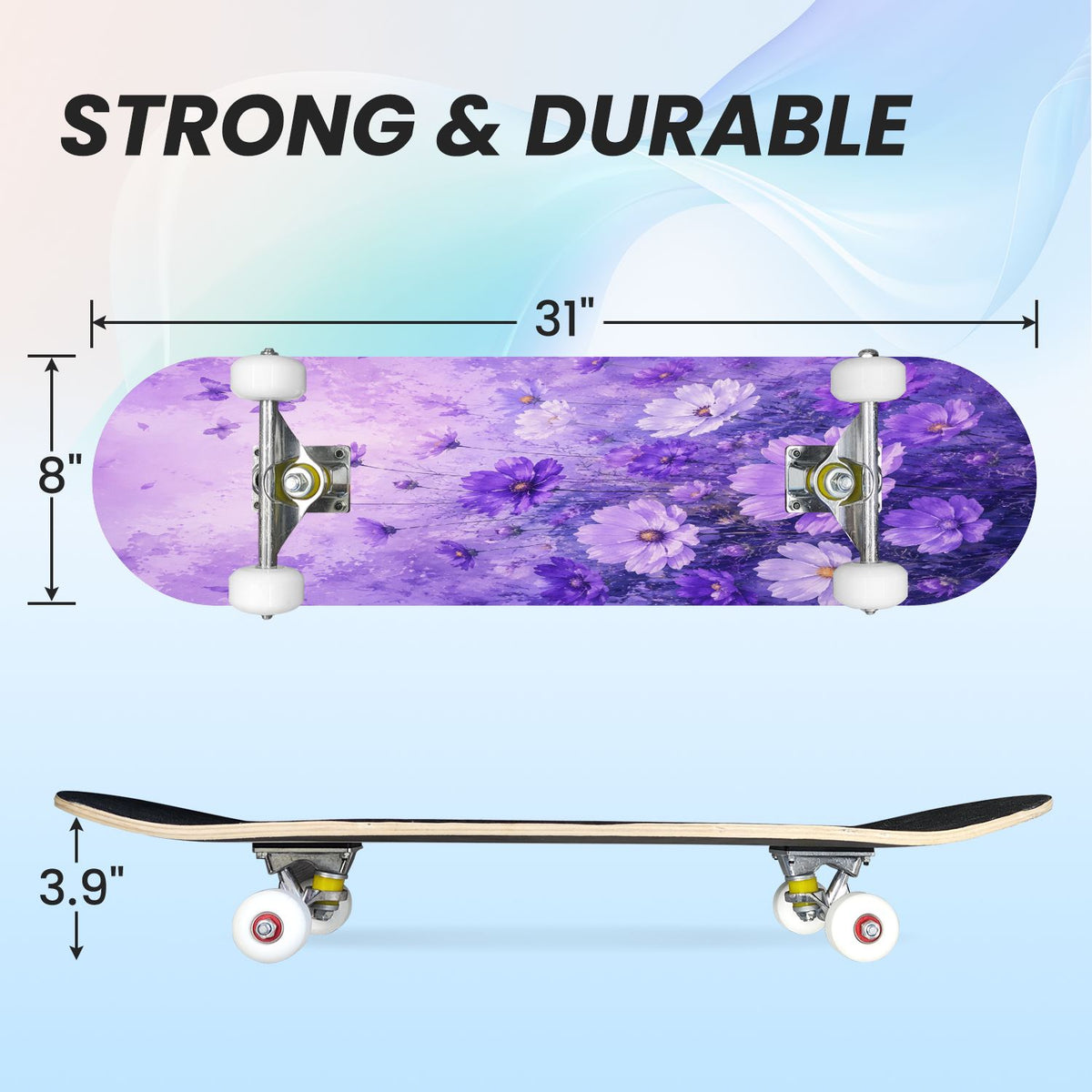 31"x8" Complete Skateboards for Beginners, Purple White Cosmos Flowers Butterflies Watercolor Double Kick 7 Ply Canadian Maple Deck Skateboard with Wheels, Gifts for Kids Teens