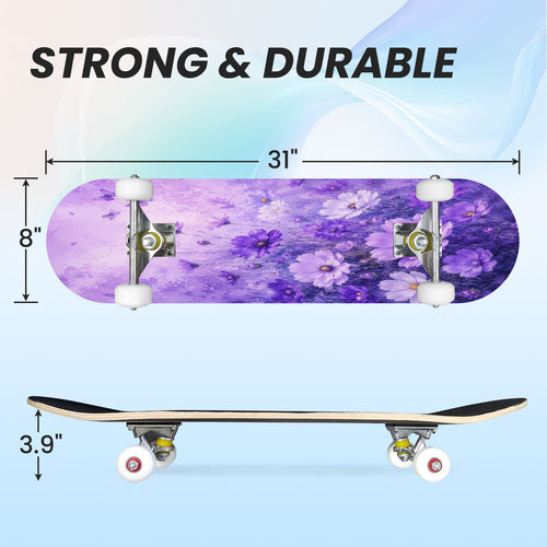 31"x8" Complete Skateboards for Beginners, Purple White Cosmos Flowers Butterflies Watercolor Double Kick 7 Ply Canadian Maple Deck Skateboard with Wheels, Gifts for Kids Teens