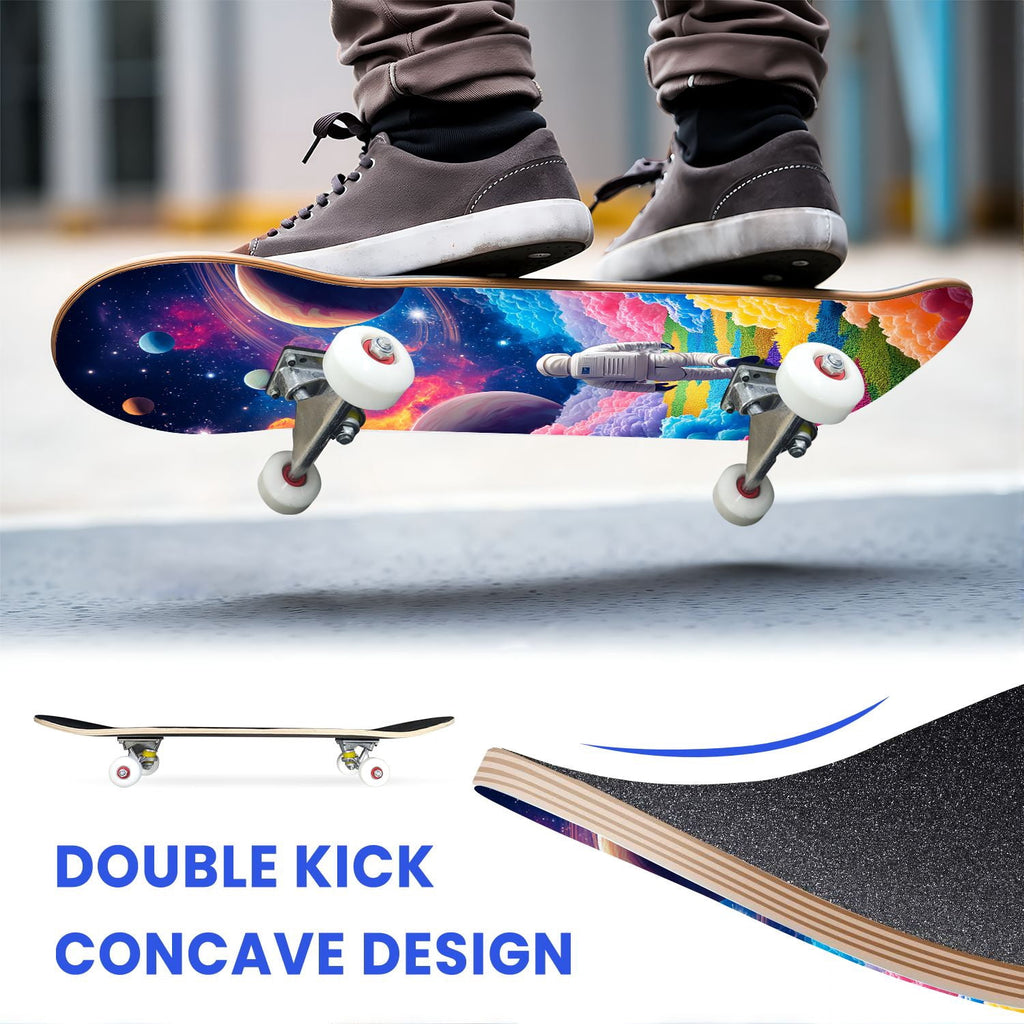 31"x8" Complete Skateboards for Beginners,Black Hexagon Honeycomb Glowing Blue Accents Double Kick 7 Ply Canadian Maple Deck Skateboard with Wheels, Gifts for Kids Teens