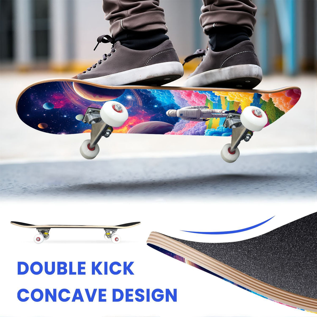 31"x8" Complete Skateboards for Beginners,Black Hexagon Honeycomb Glowing Blue Accents Double Kick 7 Ply Canadian Maple Deck Skateboard with Wheels, Gifts for Kids Teens