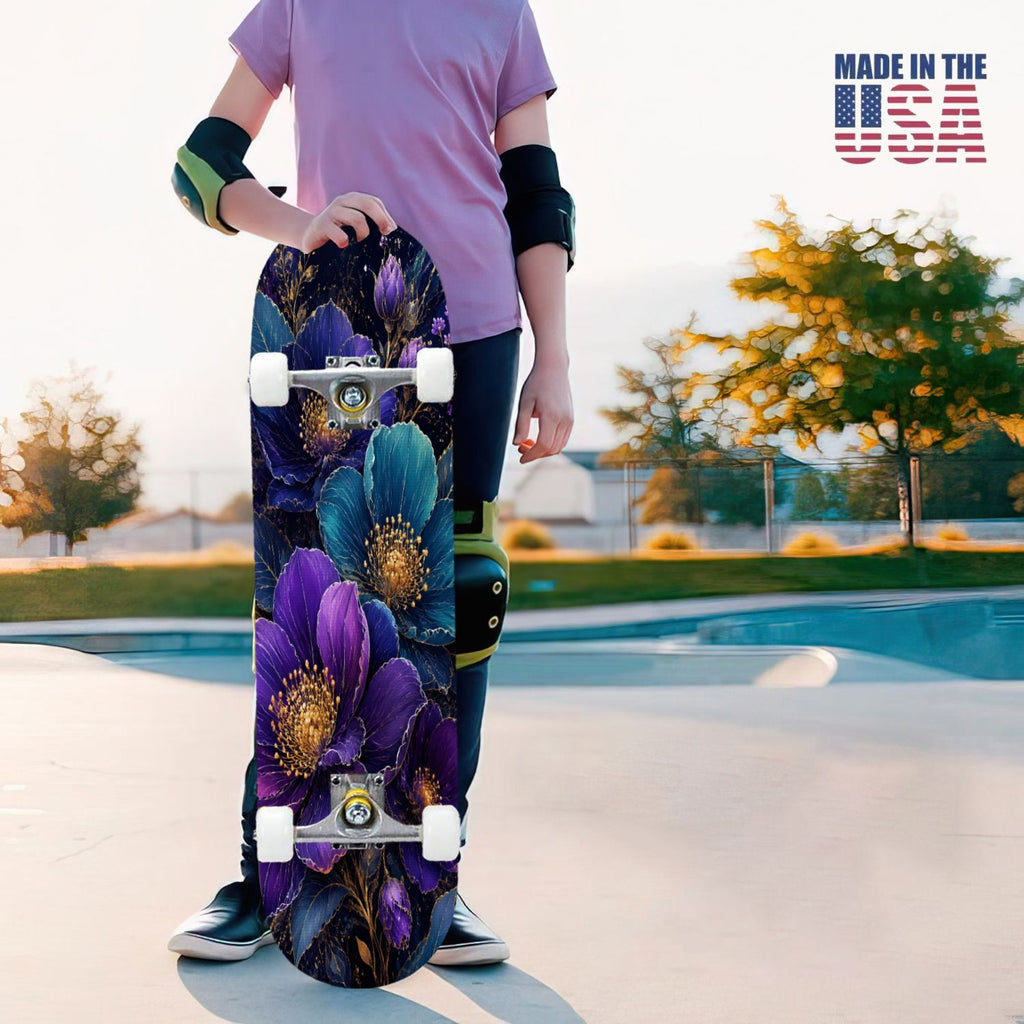 31"x8" Complete Skateboards for Beginners, Vibrant Purple Teal Floral Artwork Golden Accents Vintage Double Kick 7 Ply Canadian Maple Deck Skateboard with Wheels, Gifts for Kids Teens
