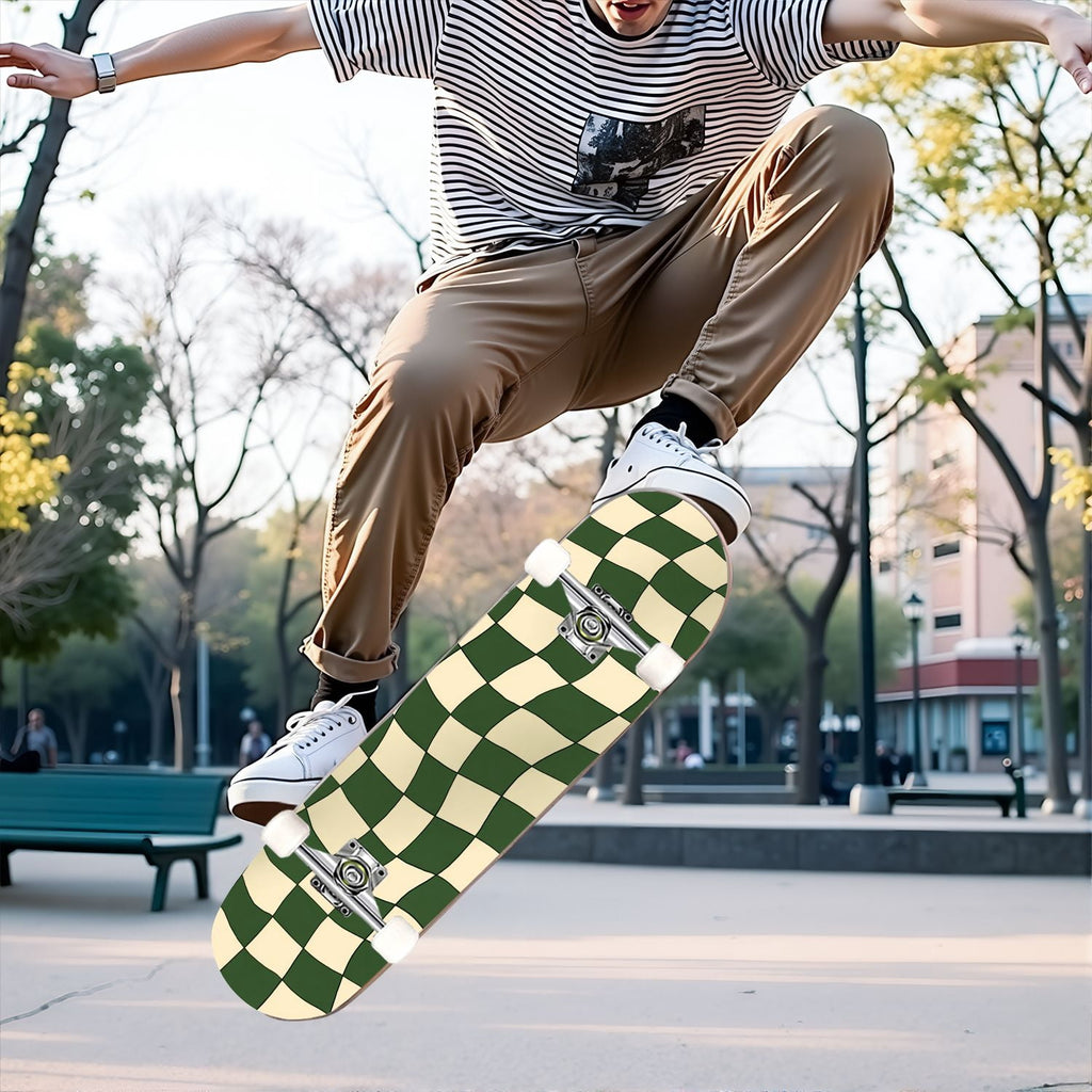 31"x8" Complete Skateboards for Beginners,Black Pink Checkered Retro Aesthetic Double Kick 7 Ply Canadian Maple Deck Skateboard with Wheels, Gifts for Kids Teens