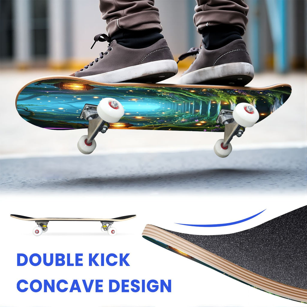 31"x8" Complete Skateboards for Beginners, Magical Forest Glowing Mushrooms Twinkling Fantasy Double Kick 7 Ply Canadian Maple Deck Skateboard with Wheels, Gifts for Kids Teens