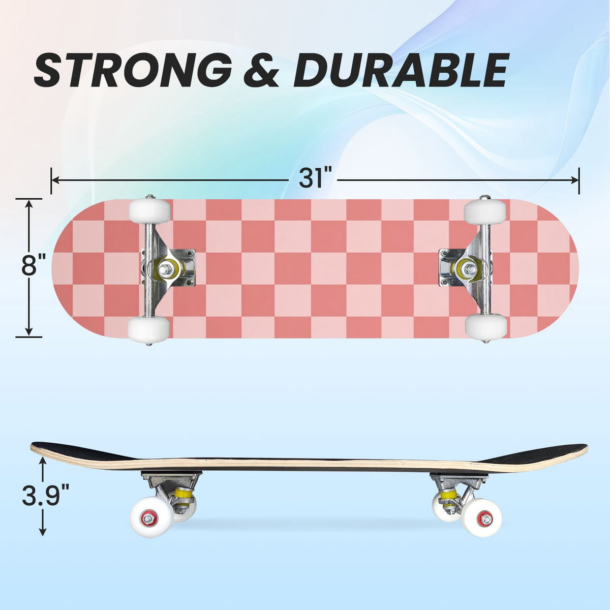 31"x8" Complete Skateboards for Beginners,Colorful Geometric Tile Multicolored Squares Double Kick 7 Ply Canadian Maple Deck Skateboard with Wheels, Gifts for Kids Teens