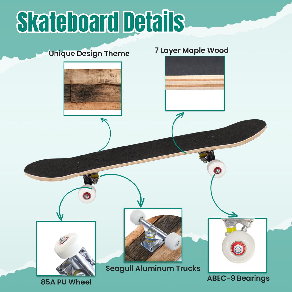 Watercolor Floral Shades Blue Grey Leaves 31" x 8" Complete Skateboard, 7-Ply Canadian Maple Double Kick Trick Board for Kids and Beginners Adult Gifts