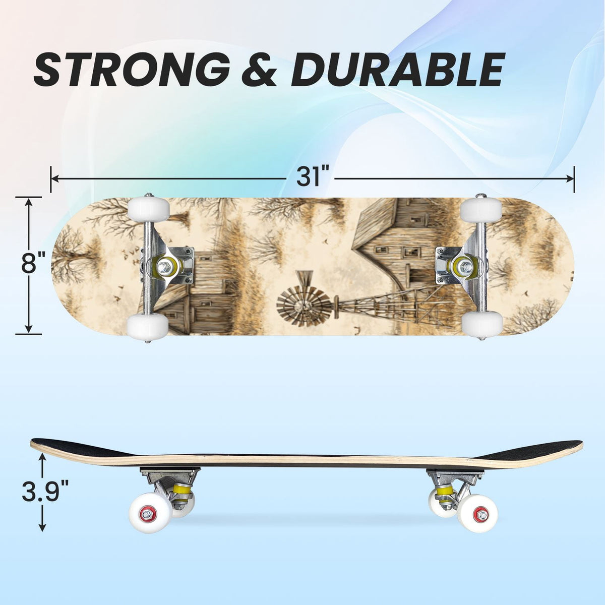 31"x8" Complete Skateboards for Beginners,Pink Cream Vertical Stripes Double Kick 7 Ply Canadian Maple Deck Skateboard with Wheels, Gifts for Kids Teens