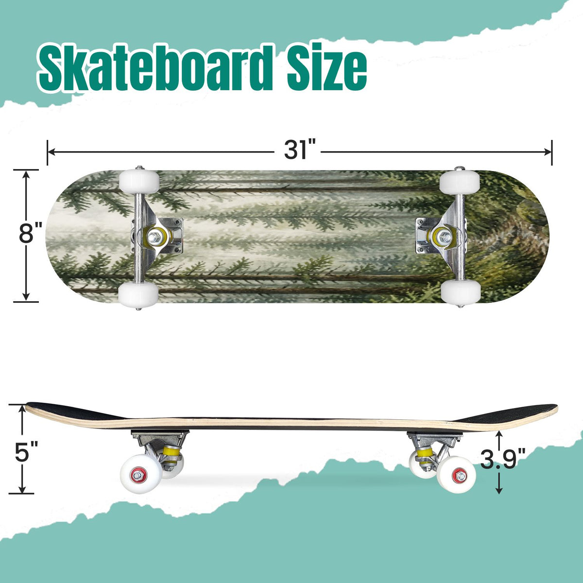 White Birch Tree Bark Natural Knots Horizontal Lines 31" x 8" Complete Skateboard, 7-Ply Canadian Maple Double Kick Trick Board for Kids and Beginners Adult Gifts