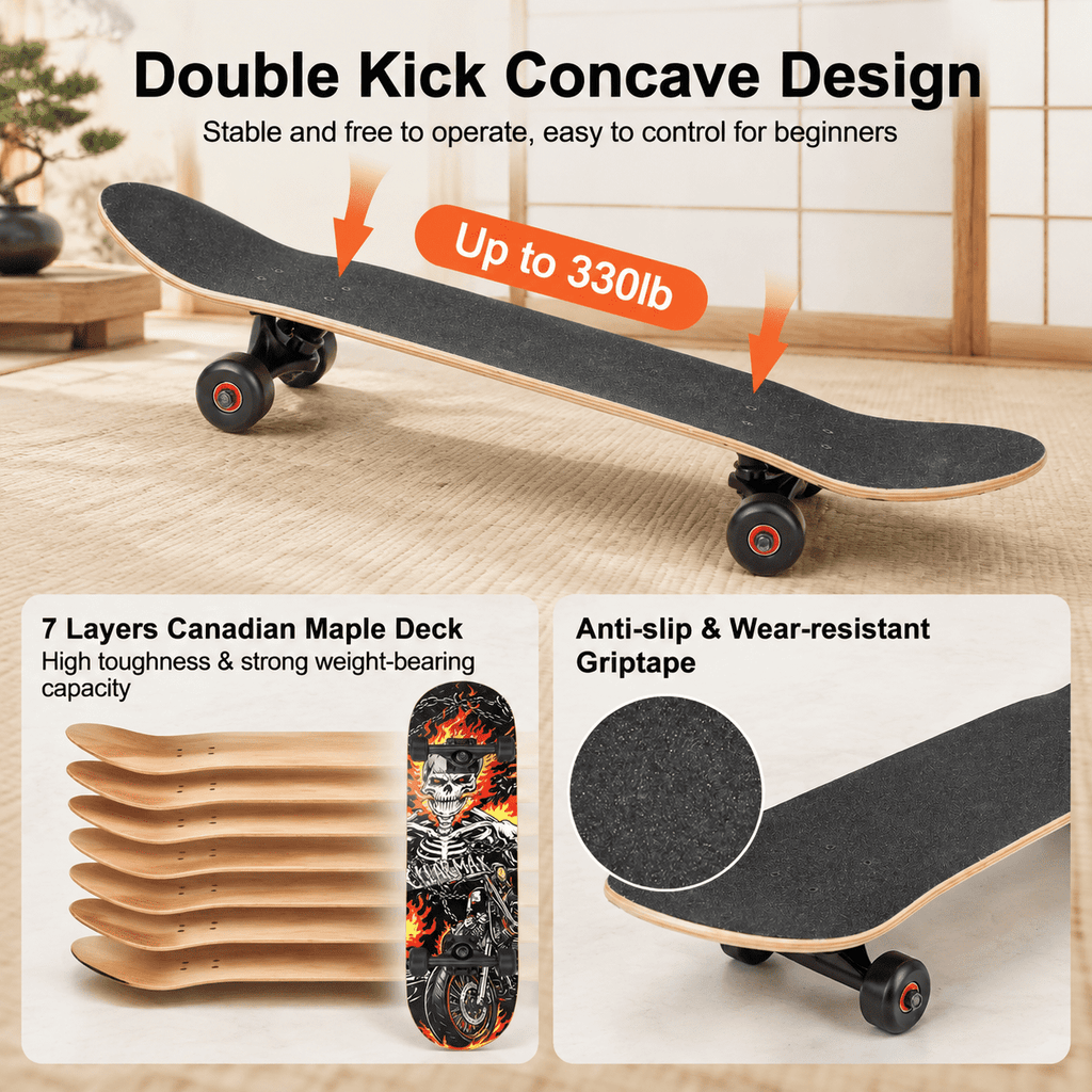 Checkerbot 31"x8" Standard Complete Skateboard with 7 Layer Canadian Maple for Beginners Adults Teens