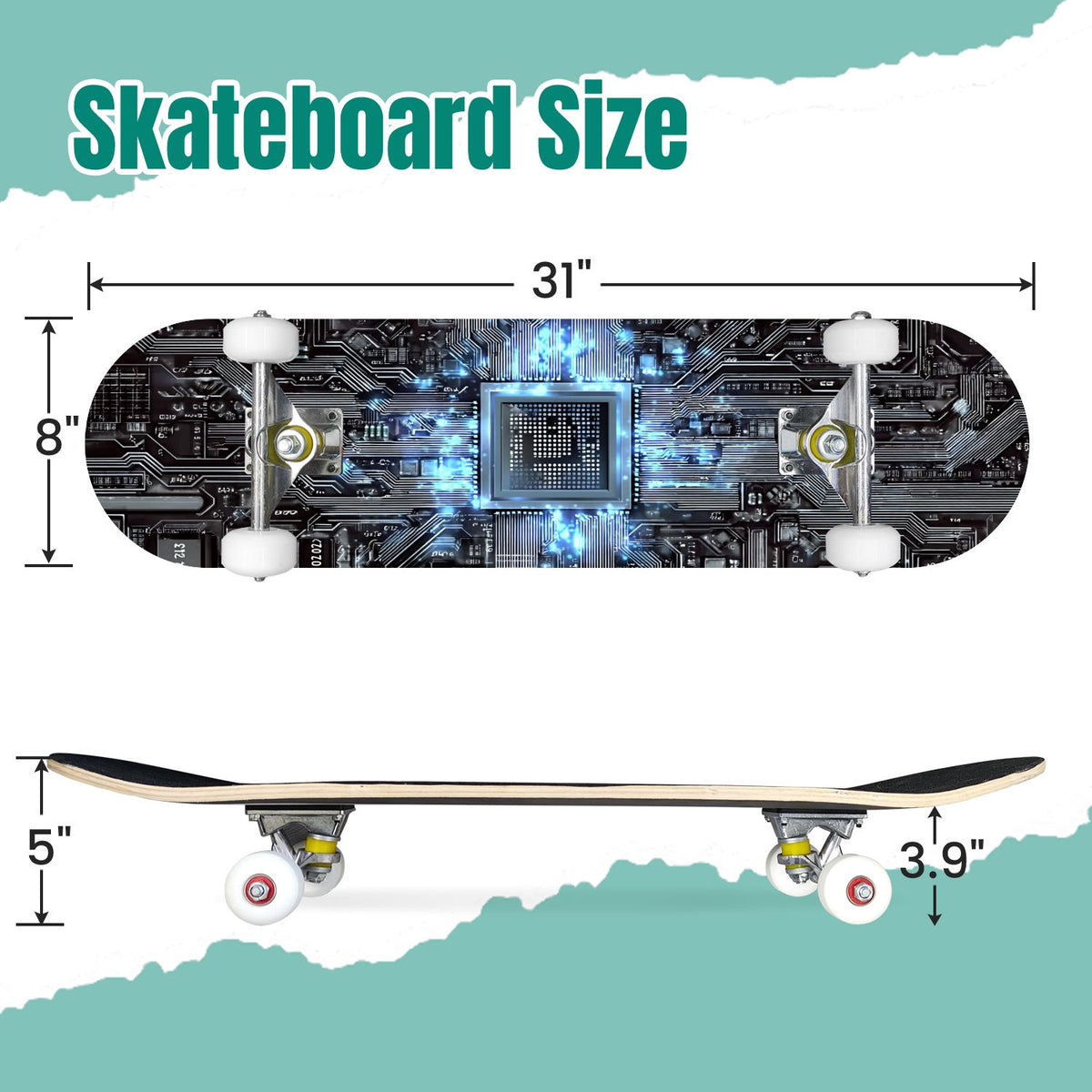 Futuristic Blue Abstract Technology Glowing Core 31" x 8" Complete Skateboard, 7-Ply Canadian Maple Double Kick Trick Board for Kids and Beginners Adult Gifts
