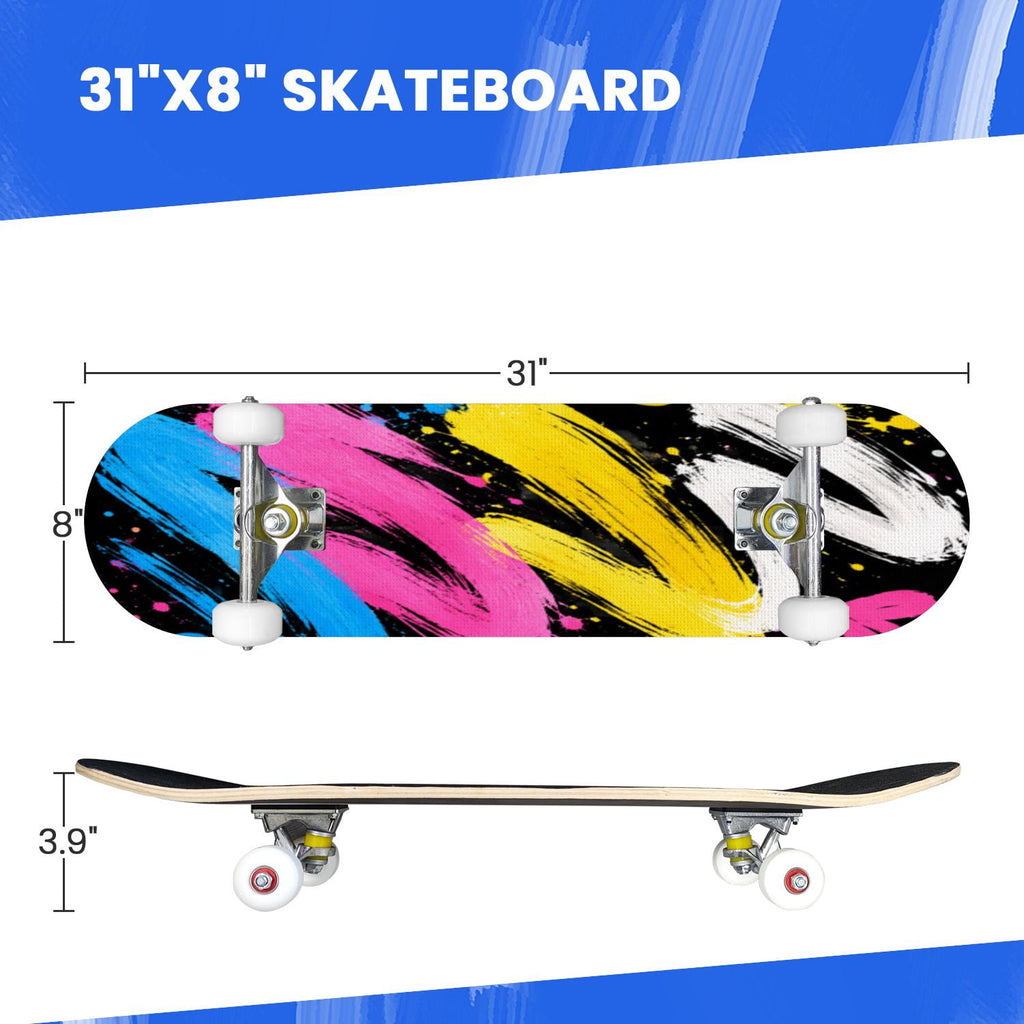 Complete Skateboard Vibrant Brush Stroke Art 31 Inch 7-Ply Maple Skateboard with PU Wheels and Aluminum Trucks, Ready-to-Ride Skateboard for Beginners, Teens and Adults