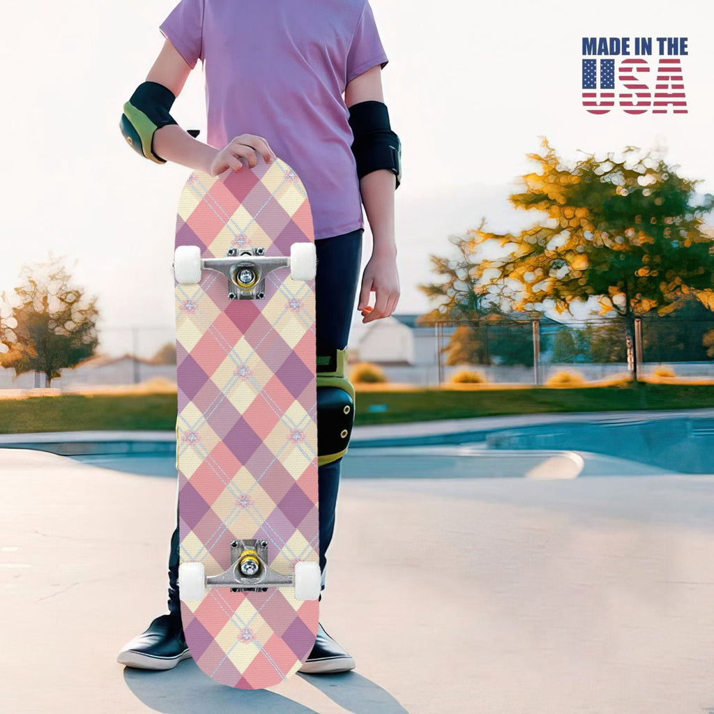 31"x8" Complete Skateboards for Beginners,Pink White Gingham Checkered Subtle Double Kick 7 Ply Canadian Maple Deck Skateboard with Wheels, Gifts for Kids Teens