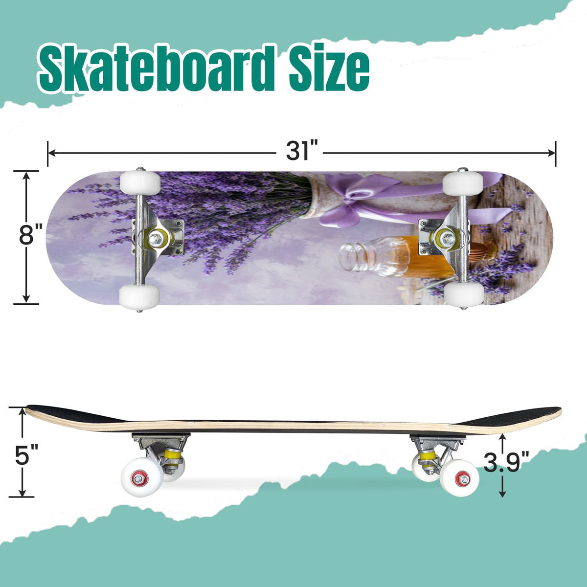Rose Teal Rose Painting Turquoise Blue Flower Kitchen Decor 31" x 8" Complete Skateboard, 7-Ply Canadian Maple Double Kick Trick Board for Kids and Beginners Adult Gifts