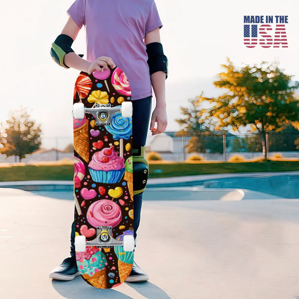 31"x8" Complete Skateboards for Beginners,Cartoon Hand Drawn Ice Cream Doodles Seamless Cones Cupcakes Double Kick 7 Ply Canadian Maple Deck Skateboard with Wheels, Gifts for Kids Teens