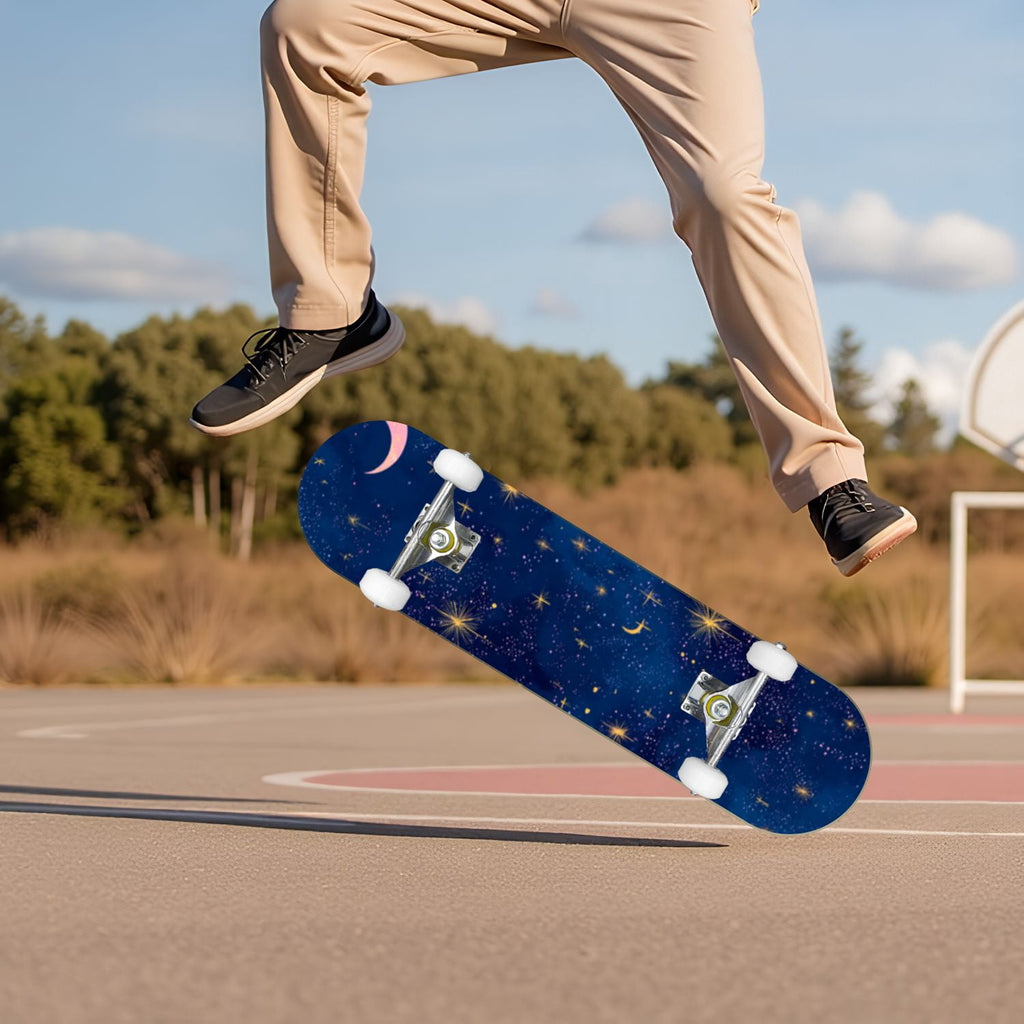 Vibrant Purple Blue Cosmic Galaxy Stars Nebula Clouds 31" x 8" Complete Skateboard, 7-Ply Canadian Maple Double Kick Trick Board for Kids and Beginners Adult Gifts