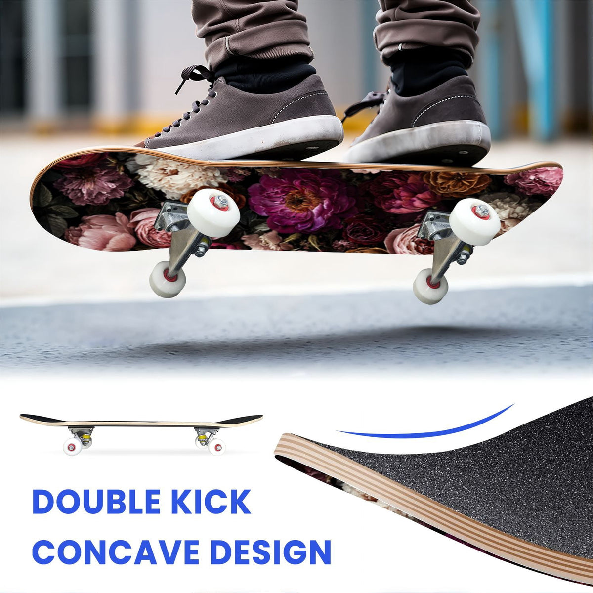 31"x8" Complete Skateboards for Beginners, Red White Vertical Striped Retro Circus Double Kick 7 Ply Canadian Maple Deck Skateboard with Wheels, Gifts for Kids Teens