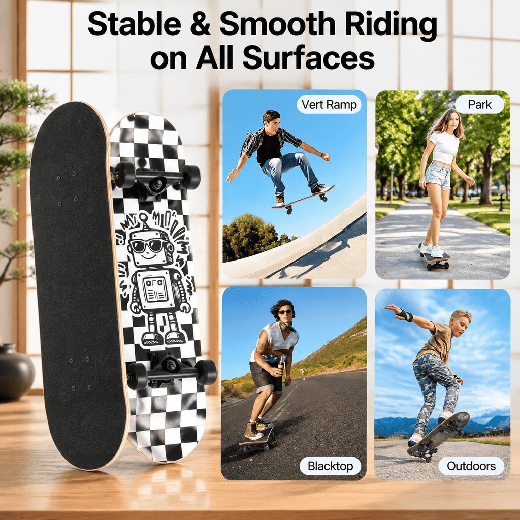 Checkerbot 31"x8" Standard Complete Skateboard with 7 Layer Canadian Maple for Beginners Adults Teens