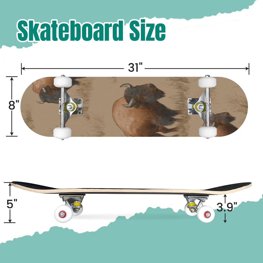 Buffalo Tan Grass Illustrations 31" x 8" Complete Skateboard, 7-Ply Canadian Maple Double Kick Trick Board for Kids and Beginners Adult Gifts