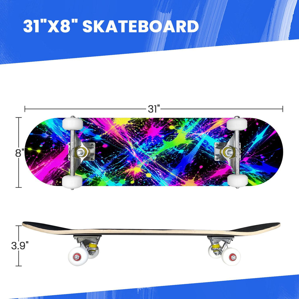 Complete Skateboard Colorful Splash Art Headphones 31 Inch 7-Ply Maple Skateboard with PU Wheels and Aluminum Trucks, Ready-to-Ride Skateboard for Beginners, Teens and Adults
