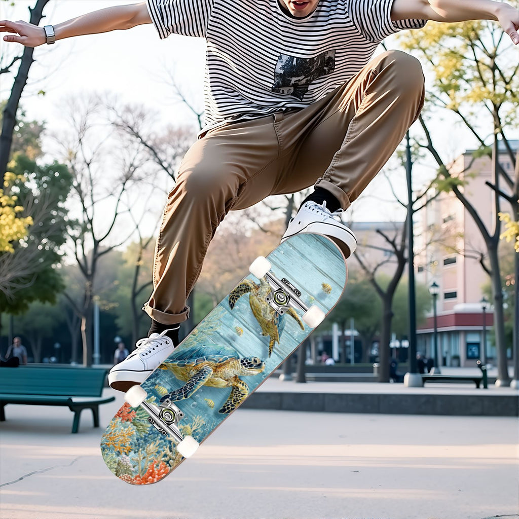 31"x8" Complete Skateboards for Beginners, Turquoise Flowers Teal Daisy Flower Butterfly Blue Romantic Double Kick 7 Ply Canadian Maple Deck Skateboard with Wheels, Gifts for Kids Teens