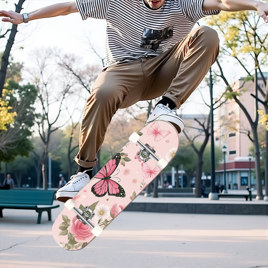 31"x8" Complete Skateboards for Beginners, Elegant Floral Pink Roses Blue Butterflies Double Kick 7 Ply Canadian Maple Deck Skateboard with Wheels, Gifts for Kids Teens