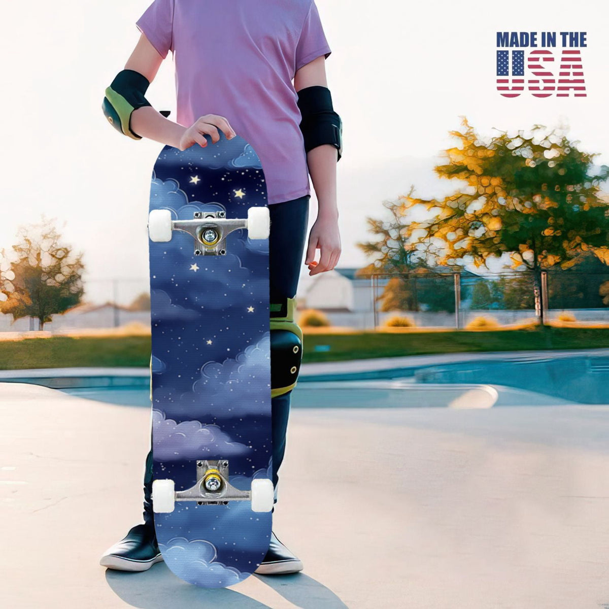 31"x8" Complete Skateboards for Beginners, Pastel Sky Fluffy Clouds Pink Purple Blue Summer Decor Double Kick 7 Ply Canadian Maple Deck Skateboard with Wheels, Gifts for Kids Teens