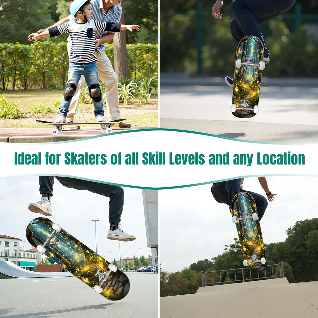 31"x8" Complete Skateboards for Beginners, Magical Forest Glowing Mushrooms Twinkling Fantasy Double Kick 7 Ply Canadian Maple Deck Skateboard with Wheels, Gifts for Kids Teens